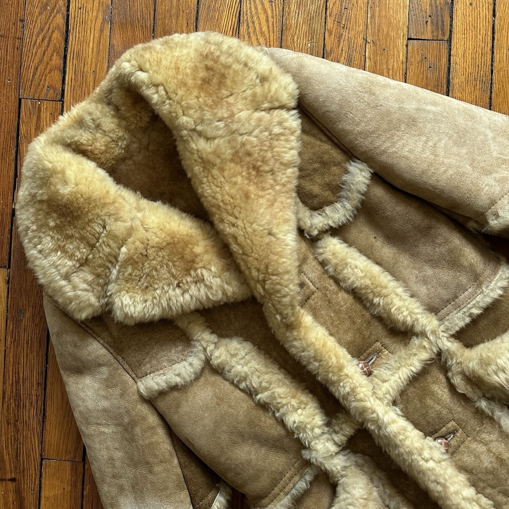 Vtg 70s Shearling Milano Lambskin Sheepskin Patchwork Coat Women 34 S Beige Tan - Picture 2 of 12